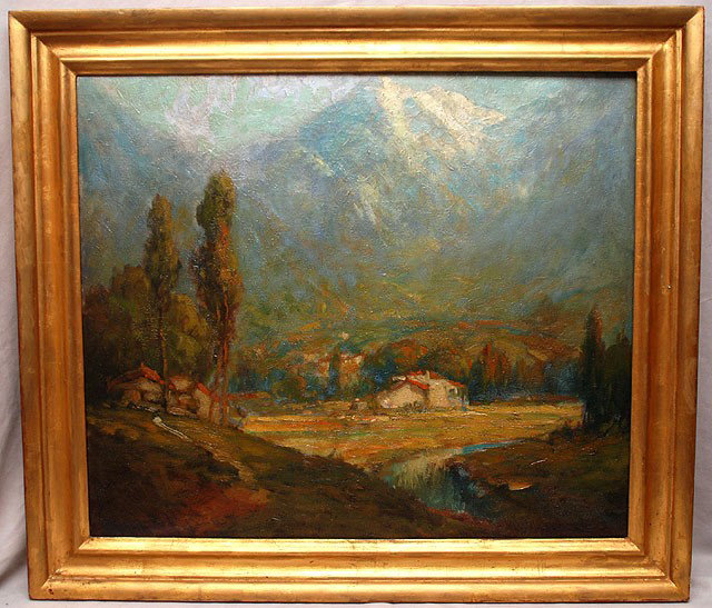 George Thompson Pritchard (AMERICAN, 1878-1962) oil: George Thompson Pritchard (AMERICAN, 1878-1962) oil on relined canvas, Mt. Landscape with cottages, 24"x28"