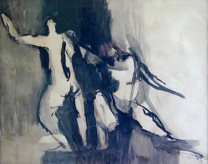 JOE TESTA-SECCA (20THC AMERICAN/FLORIDA) PAINTING A: JOE TESTA-SECCA (20THC AMERICAN/FLORIDA) PAINTING An early original figural black and white watercolor by the renowned 20thc Florida artist JOE TESTA-SECCA depicting 2 figures in an abstract dance mov