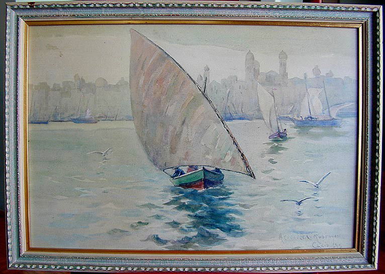 ALEXANDER C. ROBINSON (Amer 1867-1952) WATERCOLOR A: ALEXANDER C. ROBINSON (Amer 1867-1952) WATERCOLOR A watercolor by the American artist Alexander C. Robinson depicting sailboats in Cadiz, Spain; dated 1893, 12" x 17", very good condition.