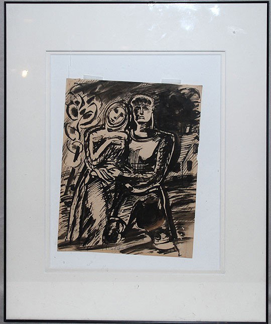 Carl Sprinchorn (AMERICAN, 1887-1971) gouache/wate: Carl Sprinchorn (AMERICAN, 1887-1971) gouache/watercolor, "abstract couple", 11"x8"