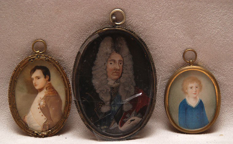 3 miniatures on ivory, incl; Girl in blue dress, c: 3 miniatures on ivory, incl; Girl in blue dress, c. 1800, possibly Viennese, watercolor, 1 1/2" x 1 7/8" and L. Nauer portrait of Franz Schubert, c. 1800, German, depicting artist wearing glasses and 