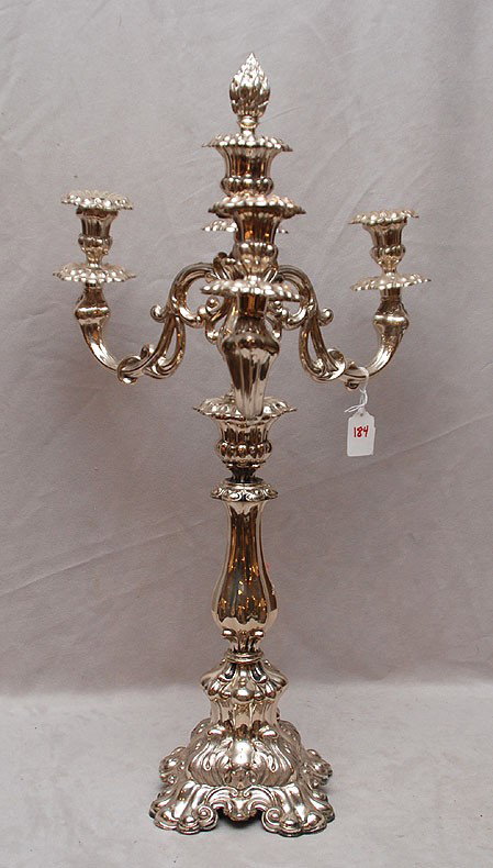 Silver "800" 2 part 3 branch single candelabra, sc: Silver "800" 2 part 3 branch single candelabra, scroll and leaf motif with flame finial, 24"h
