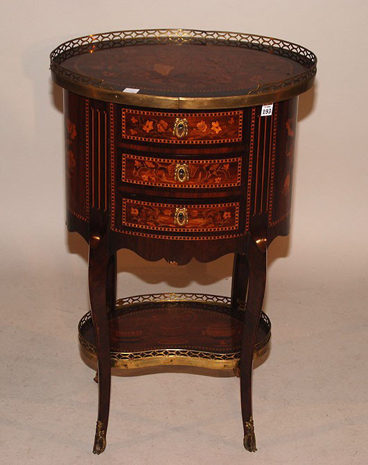 French Louis XV style table, marquetry oval top an: French Louis XV style table, marquetry oval top and brass gallery over 3 drawers above kidney shape shelf with inlay ewer, cup & jar, top needs attention, 31 1/5"h x 19 1/2"w