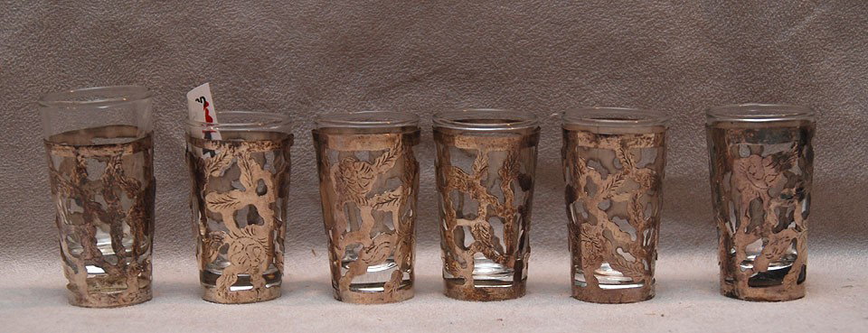 6 shot glasses with silver overlay: 6 shot glasses with silver overlay