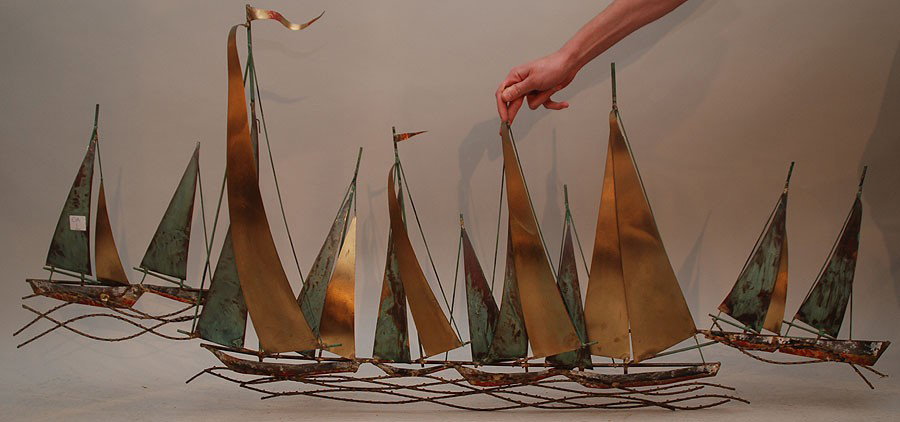 Curtis Jere' ca. 1970 metal wall art sculpture of : Curtis Jere' ca. 1970 metal wall art sculpture of sailboats, 60"