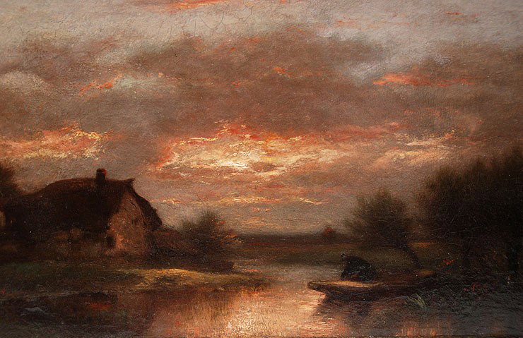 Jules Dupré FRENCH oil cottage by river: Attributed to Jules Dupré (FRENCH, 1811-1889) oil on canvas laid on board, cottage by river with a man in boat under fiery sky, traces of signature ll, 13-1/2"x22-1/2"