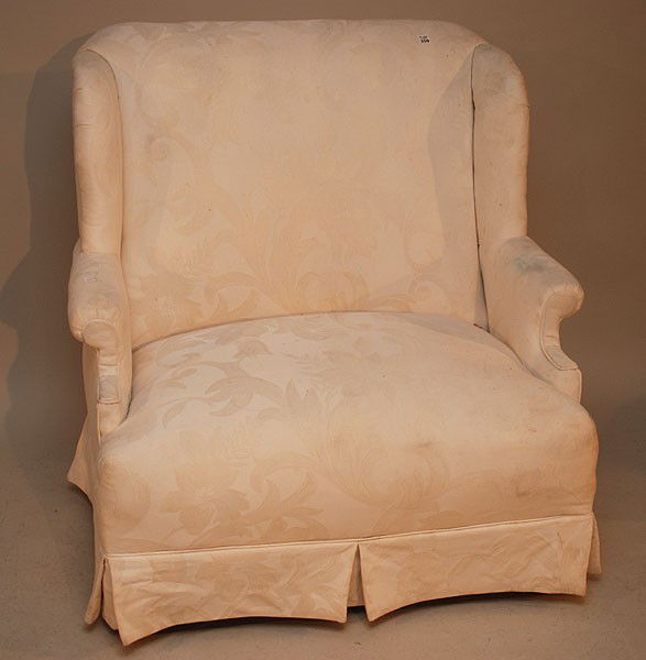 Oversized white upholstered arm chair with high ba: Oversized white upholstered arm chair with high back, 39"h x 36"d