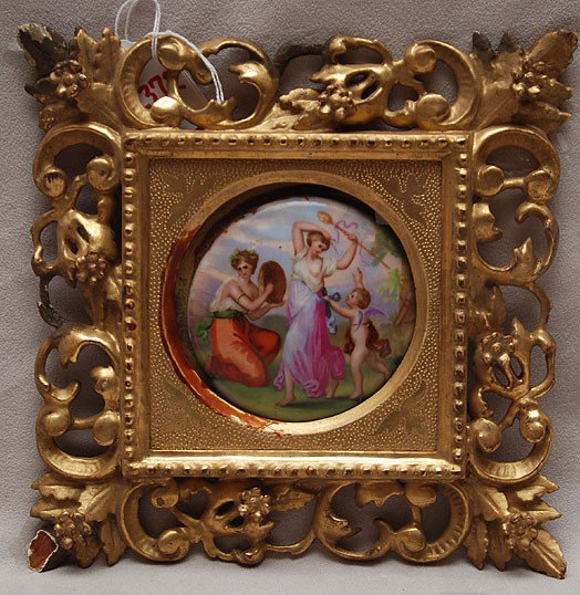 Painted porcelain & lacquer in rococo frame, 3 1/2: Painted porcelain & lacquer in rococo frame, 3 1/2"dia