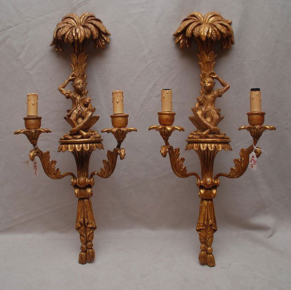 Pair of 2 light Italian giltwood sconces, monkey u: Pair of 2 light Italian giltwood sconces, monkey under palms, 26"h (some paint loss)