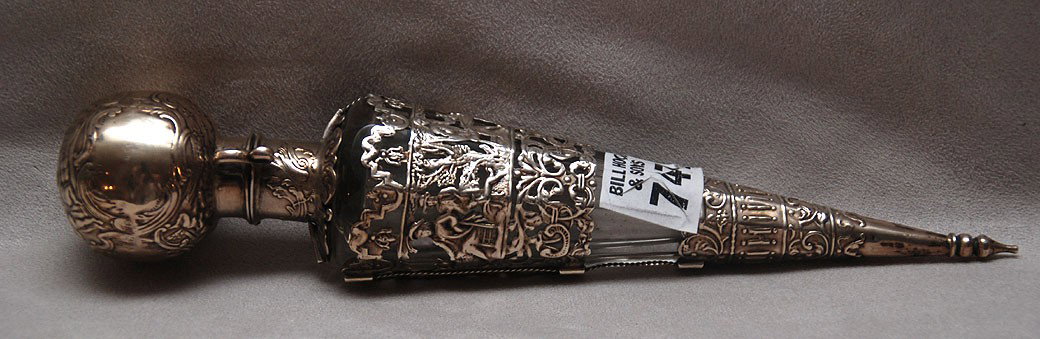 Continental crystal and silver overlay conical sha: Continental crystal and silver overlay conical shape perfume bottle, overlay with figures and landscape (perfume stopper broken)