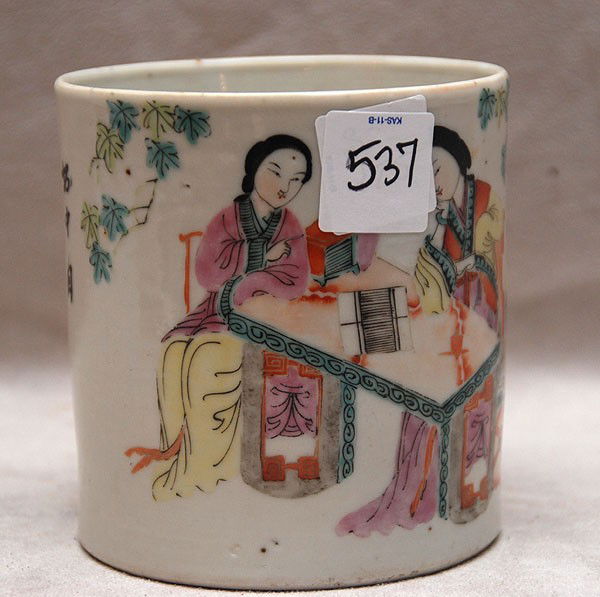 2pcs. Chinese 19th c. enameled porcelain; tea cup: 2pcs. Chinese 19th c. enameled porcelain; tea cup and teapot, 2 female figures seated at table, verso inscription