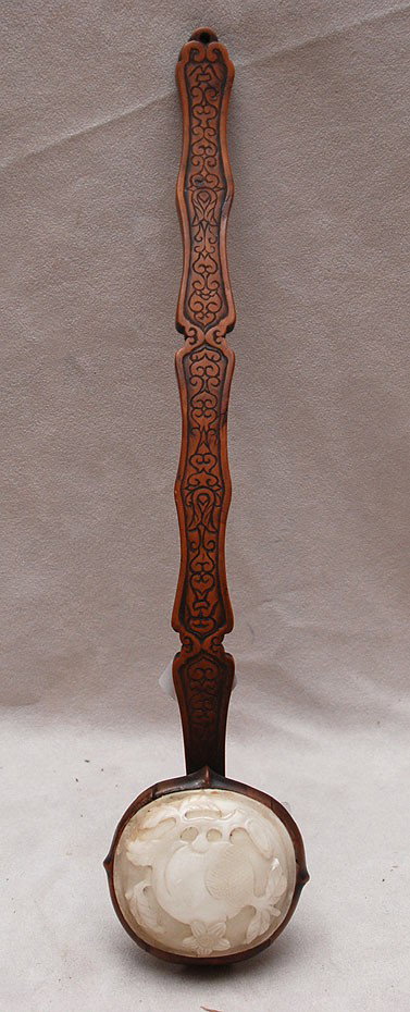 Chinese wood handle scepter with carved white ston: Chinese wood handle scepter with carved white stone