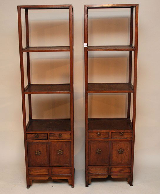Pair matching 3 shelf oriental stands with 2 drawe: Pair matching 3 shelf oriental stands with 2 drawers at base over 2 sliding drawers, 19th c, 66"h x 17 3/4"w