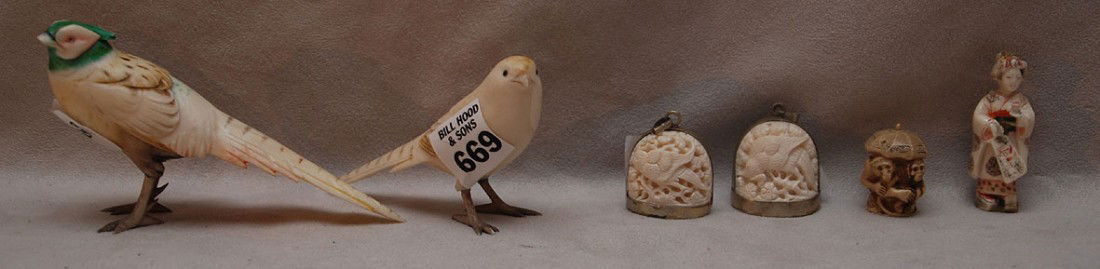 Miniature ivory polychrome figure, 2 ivory silver: Miniature ivory polychrome figure, 2 ivory silver frame pendants, 3 monkeys under umbrella (ivory), 2 carved birds, probably bone (1 is painted)