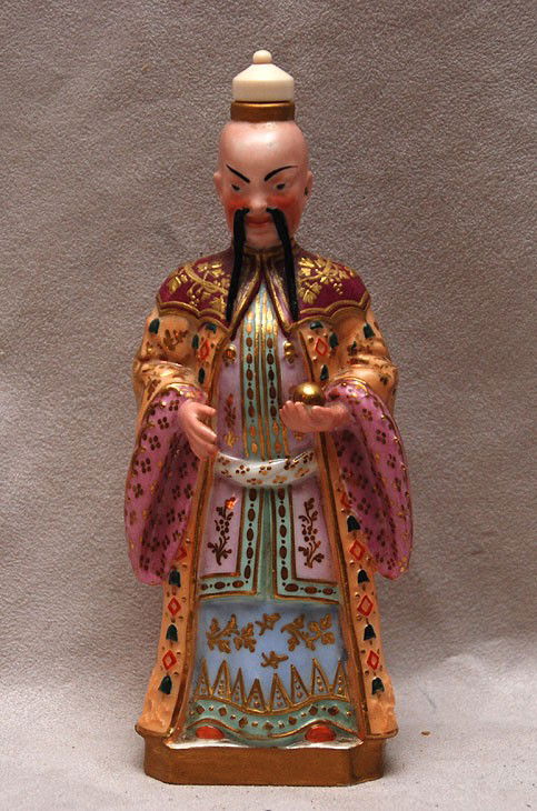 Porcelain figural bottle of Chinese Mandarin, mark: Porcelain figural bottle of Chinese Mandarin, marked JP in blue, ivory cork cap, 7"h