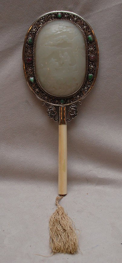 Chinese silver, jade and ivory ladies vanity mirro: Chinese silver, jade and ivory ladies vanity mirror in box decorated with colored stones