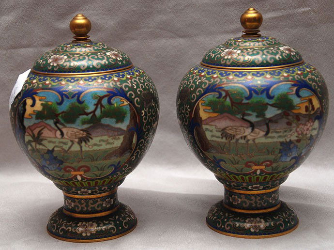 Pair of Chinese cloisonné footed jars with cranes: Pair of Chinese cloisonné footed jars with cranes and medallions, 20th c, 6"h x 4 1/2"w