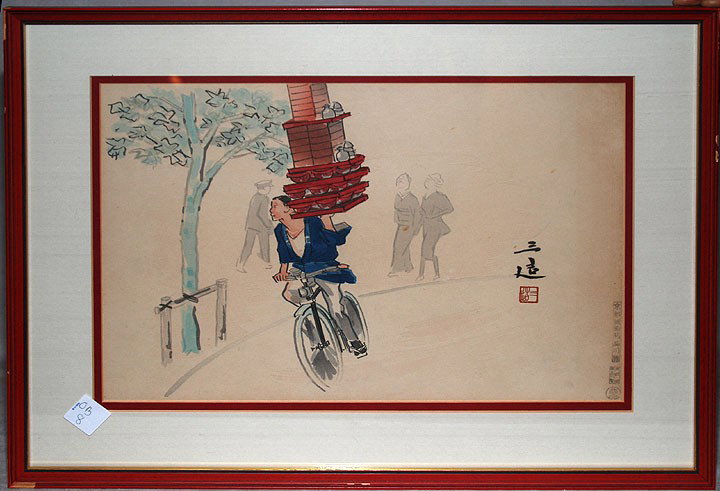 Print of guy riding bike while balancing lunch del: Print of guy riding bike while balancing lunch deliveries, signed