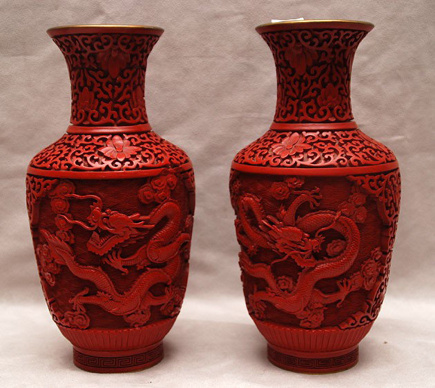 Pair of Chinese cinnabar vases, 9"h x 4 1/2"w: Pair of Chinese cinnabar vases, 9"h x 4 1/2"w