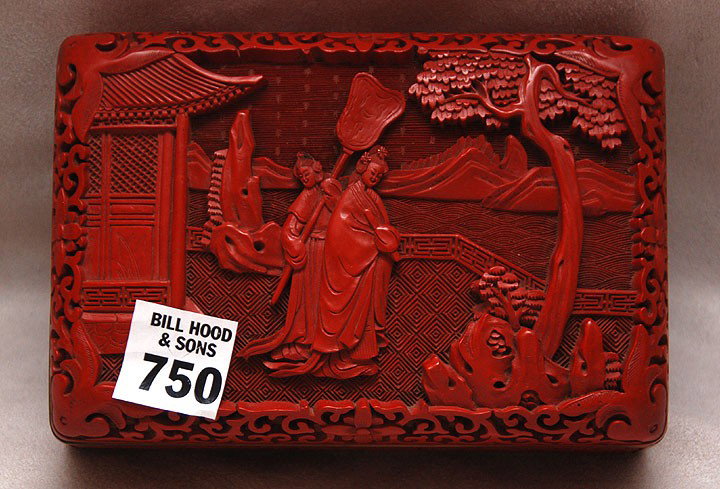 Chinese cinnabar hinged cigarette box, 2"h x 6"w: Chinese cinnabar hinged cigarette box, 2"h x 6"w
