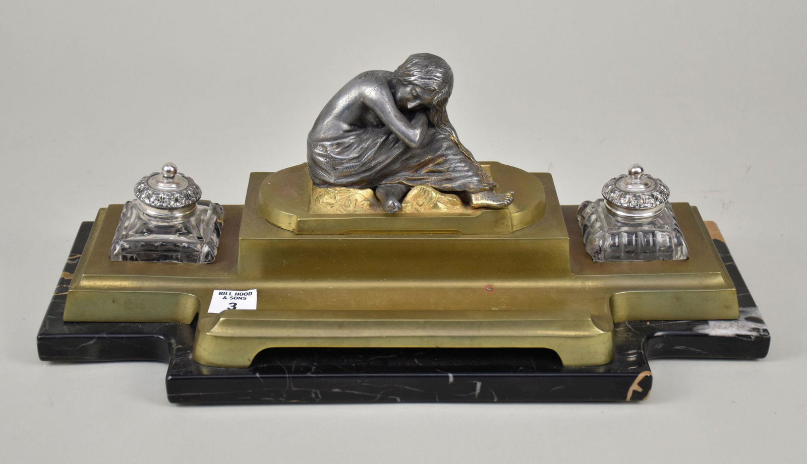 19th Century Figural Inkwell mounted on marble stand, 17 x 7 1/2 inches (1 of 6)