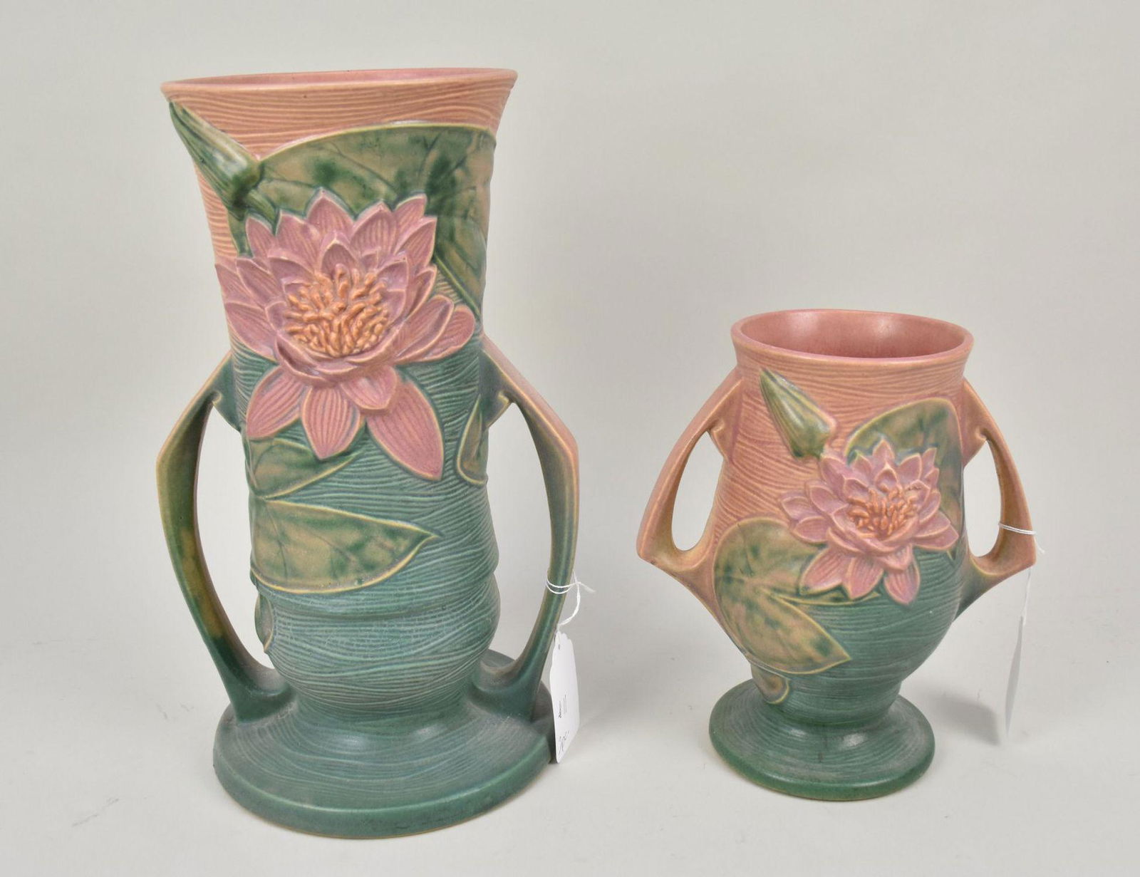 2 Vintage Roseville USA Pottery Vases sold together: one 9 inches tall and one 14 inches tall (1 of 7)