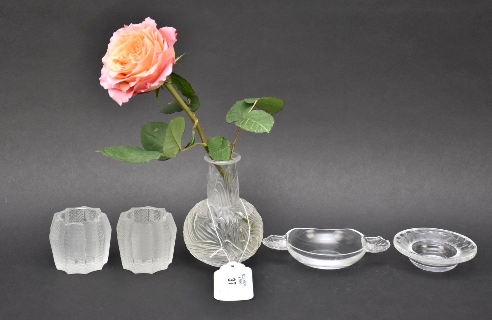 5 Pcs. Lalique France Glass;  Pair Votive Candle Holders, Pin Tray with Birds, Pin Tray with Water (1 of 5)