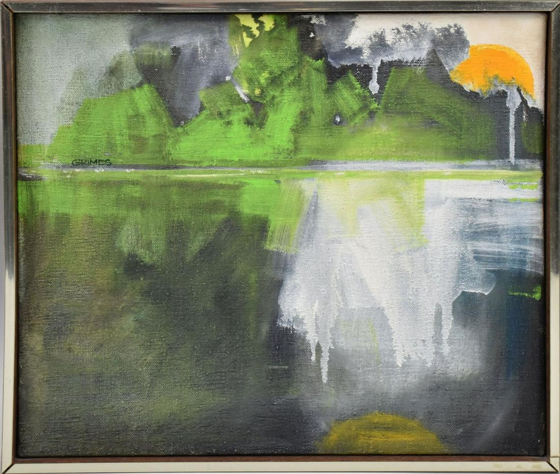 Modern small Landscape water reflection signed Grimes, titled on reverse "Wet Set $50", oil on (1 of 5)