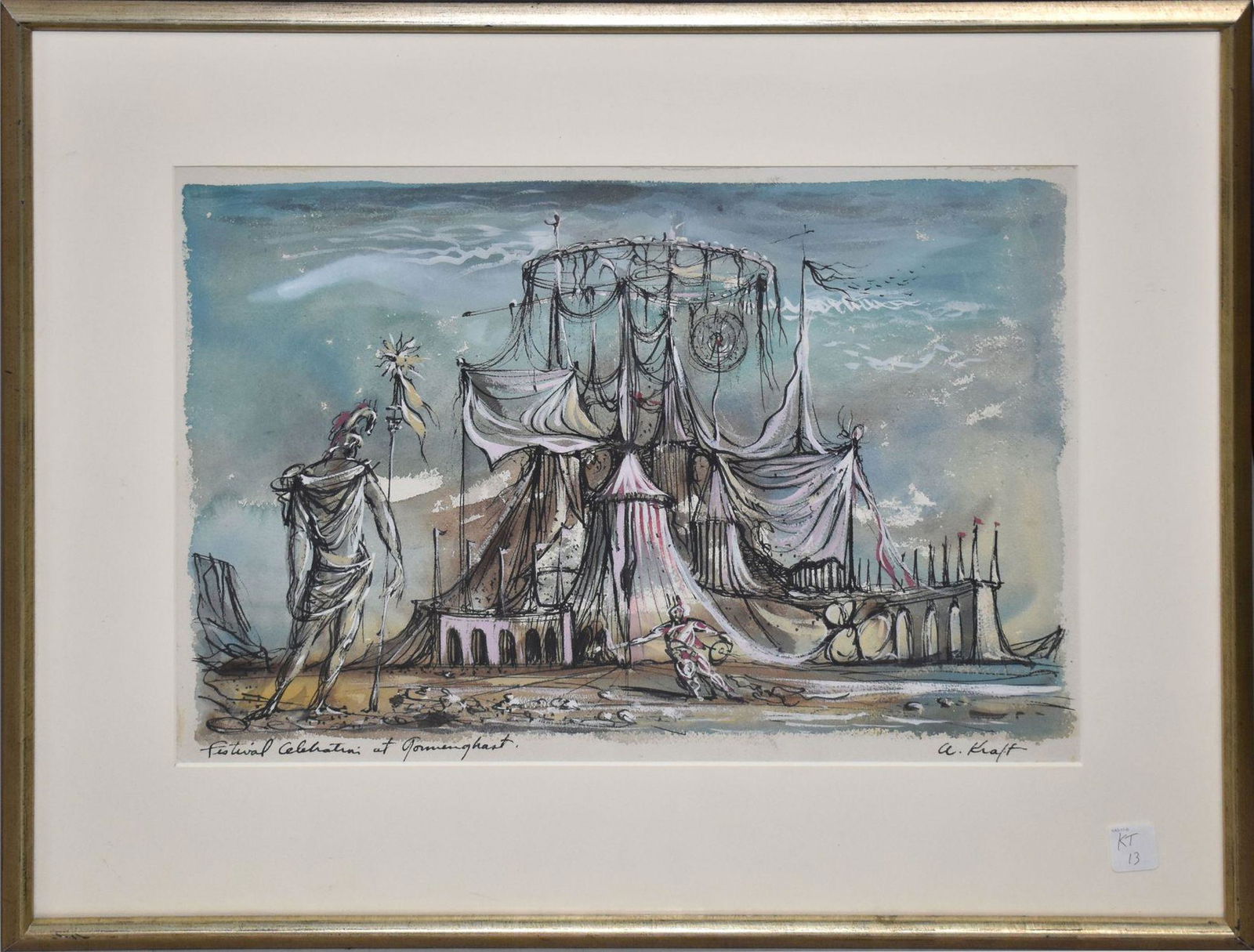 Arthur M. Kraft (1922 - 1977) watercolor gouache, "Festival Celebration at Gormenghast" 13" x 19'" (1 of 5)