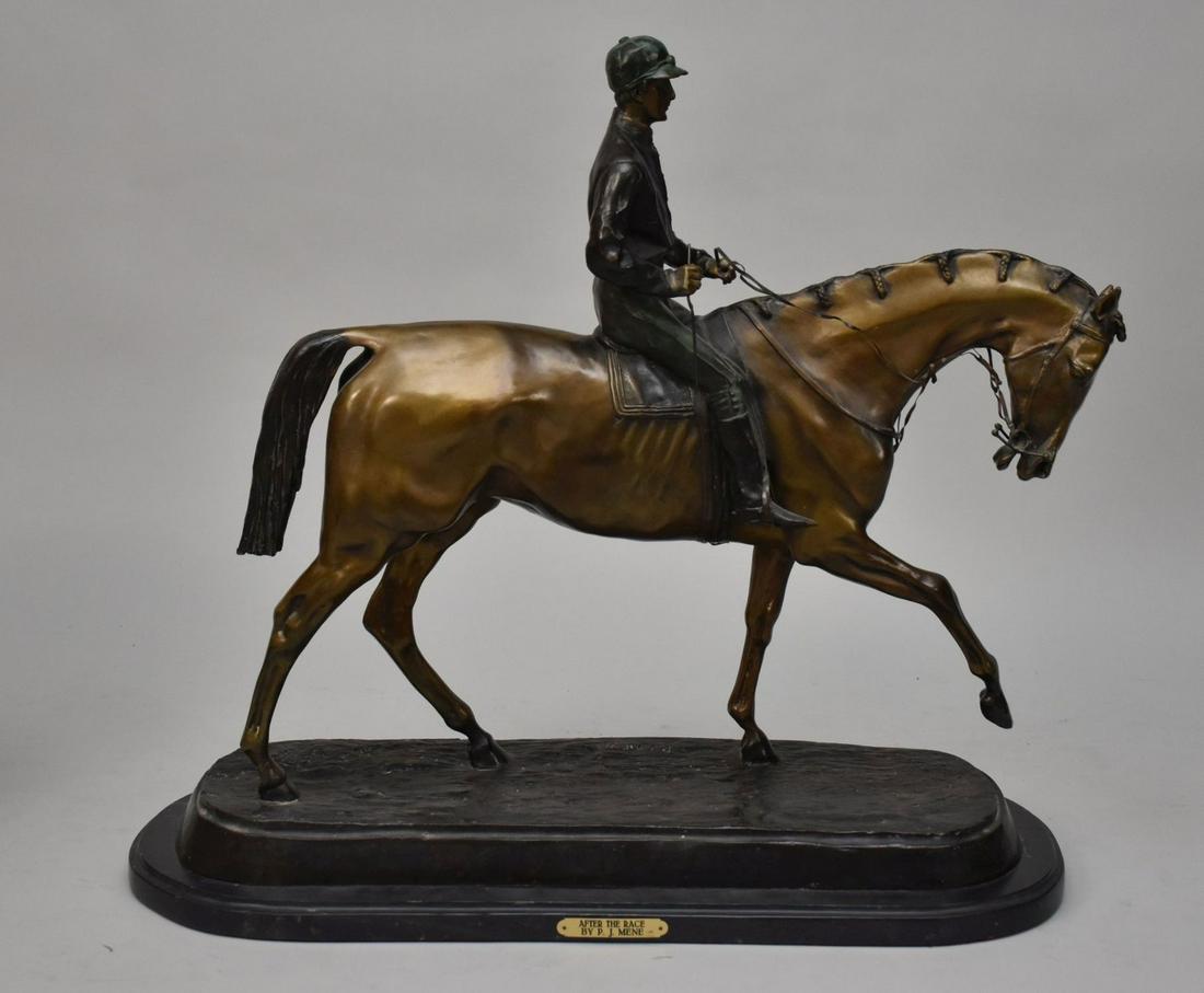 PJ MENE BRONZE, Large Jockey on horse mounted to black marble base, titled "After the Race", (1 of 8)