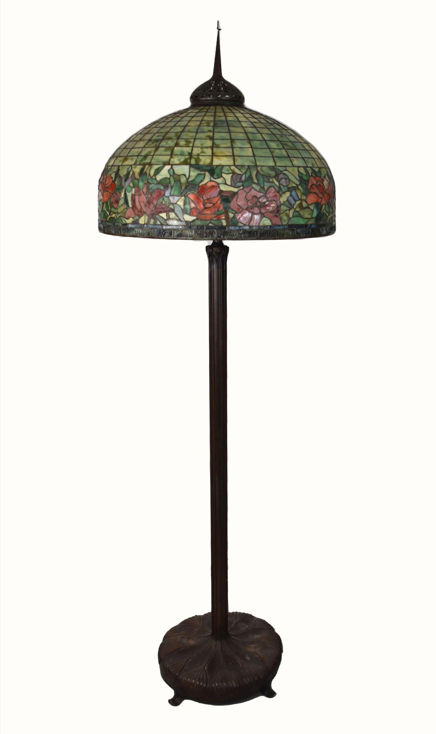 Beautiful Tiffany Style Floor Lamp.  Leaded shade stamped Tiffany Studios New York. On tall bronze (1 of 18)