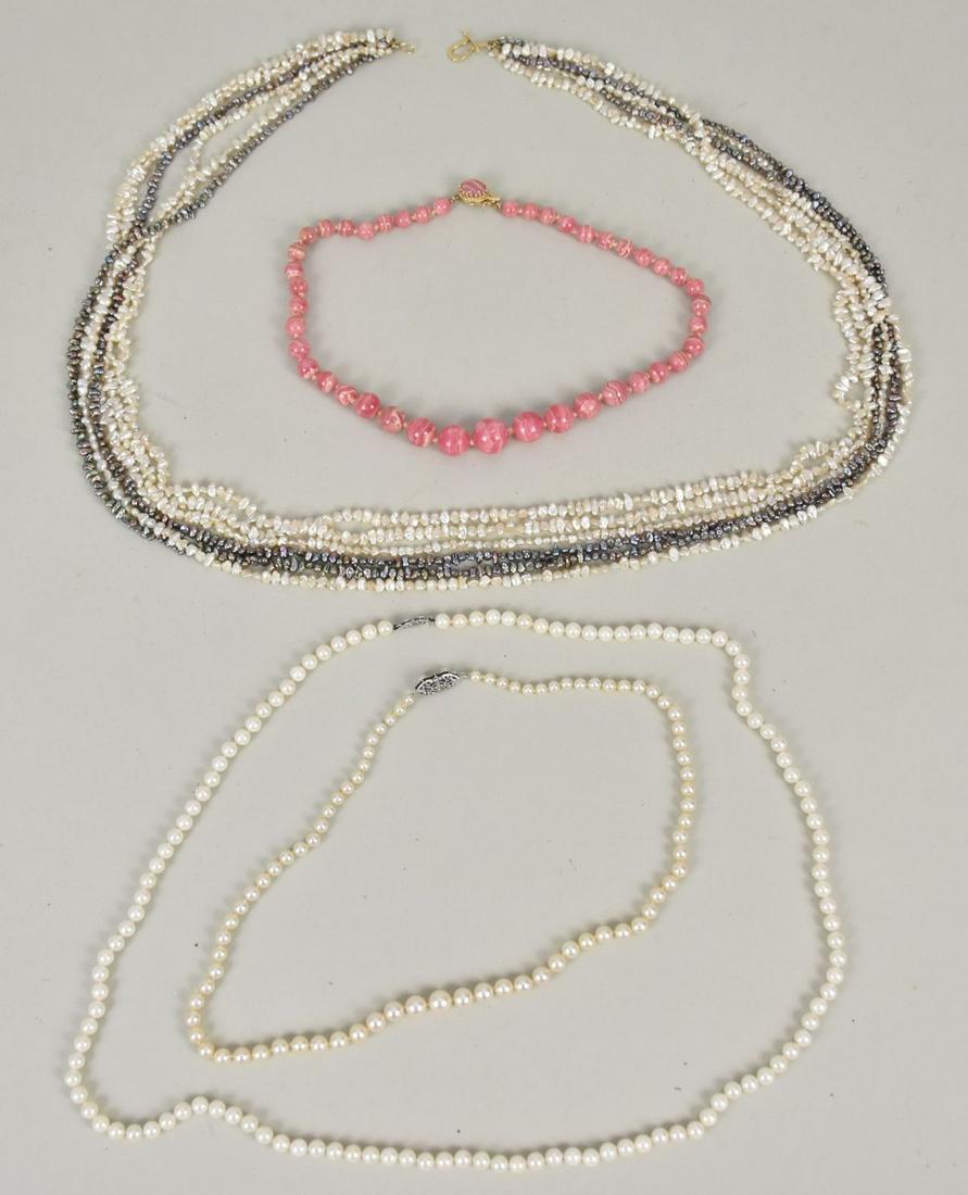 Pearls & Rhodochrosite Bead Necklaces with 14K Gold Clasp.: Pearls & Rhodochrosite Bead Necklaces with 14K Gold Clasp.