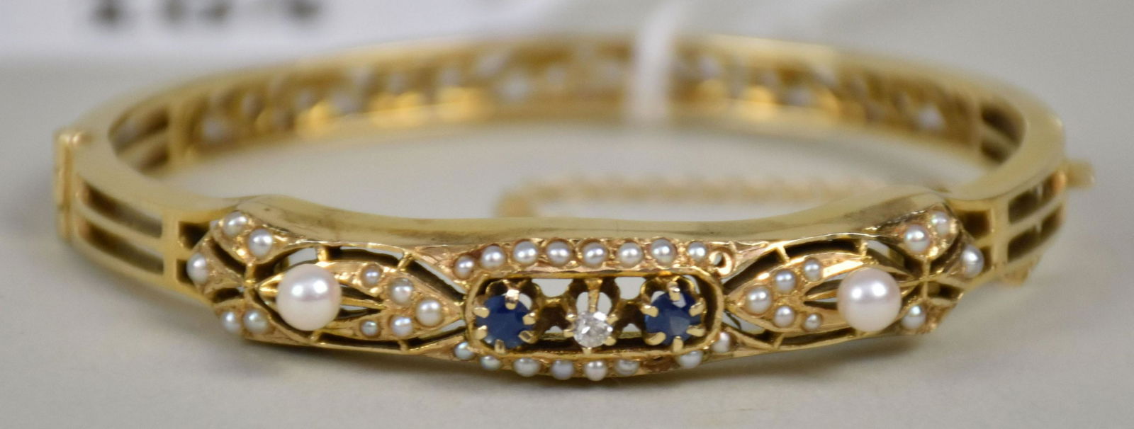 14K Yellow Gold Bangle Pearls Sapphire & Diamond. Wt 25 grams 6" inner circumference with 2" (1 of 6)