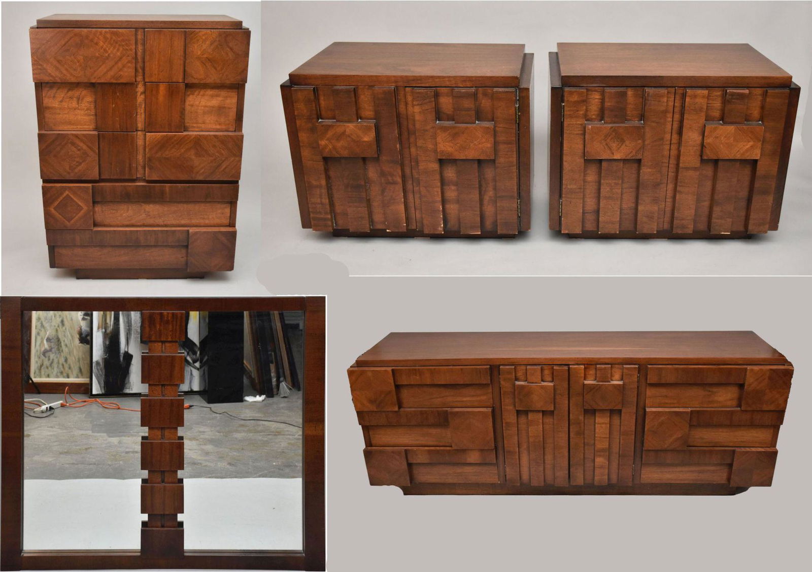 LANE BRUTALIST MCM 5pc. Furniture Set,  6 Drawer Dresser with Cabinet Doors in Center Revealing 3 (1 of 20)