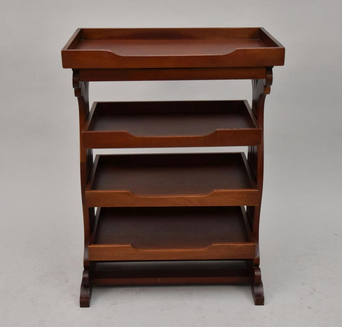 Wood Side Table with 4 Removeable Trays, Lyre Shaped Sides, 28"h x 21"w x 13 1/2"d measures top tray (1 of 4)