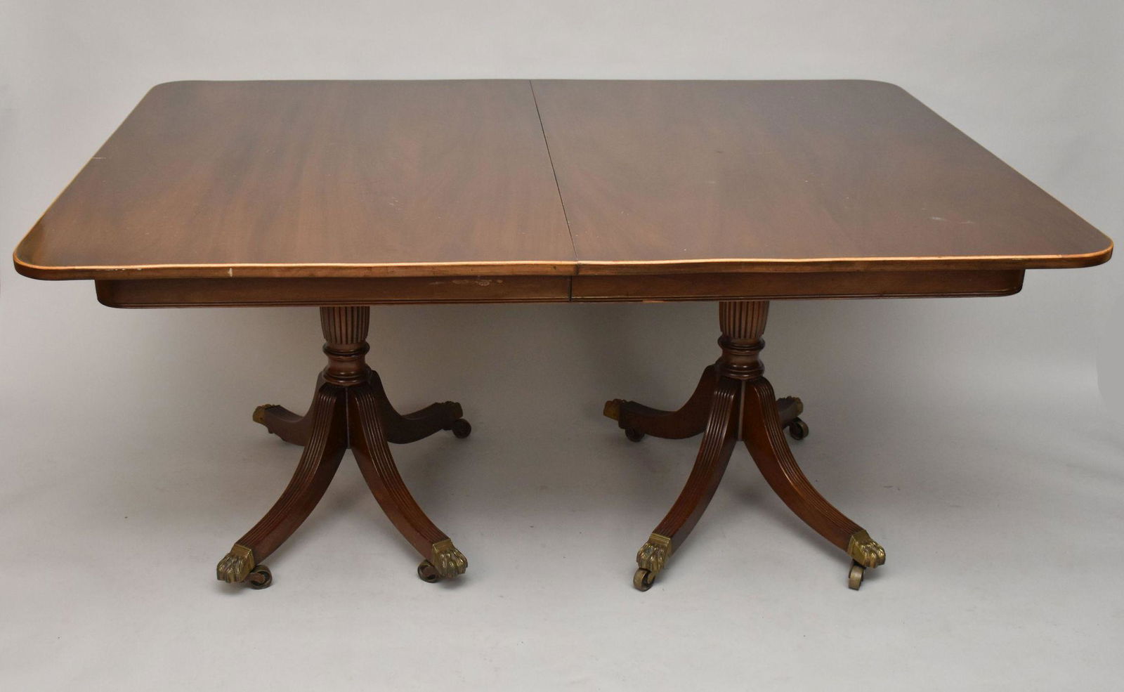 Mahogany Double Pedestal Dining Table with Leaves, Narrow Band of Satinwood, 66"h x 48"w (1 of 7)