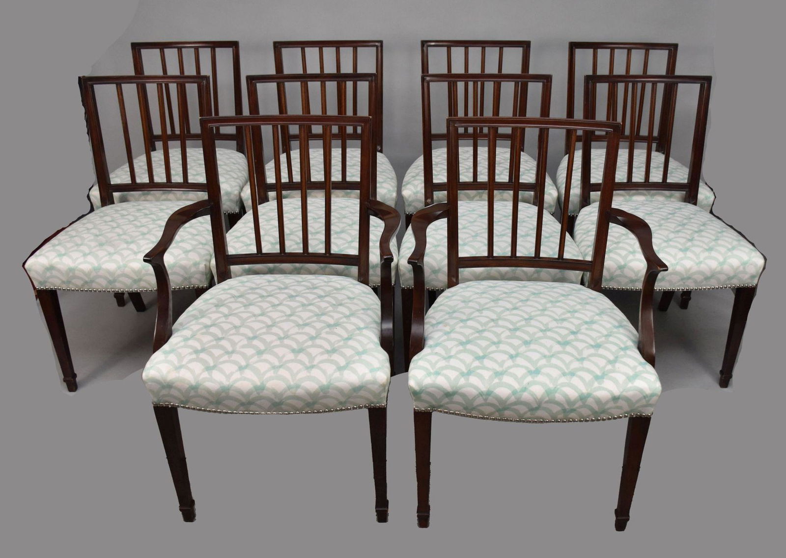 10 Mahogany Chairs with Pastel Upholstery, 2 arm, 8 side (1 of 5)