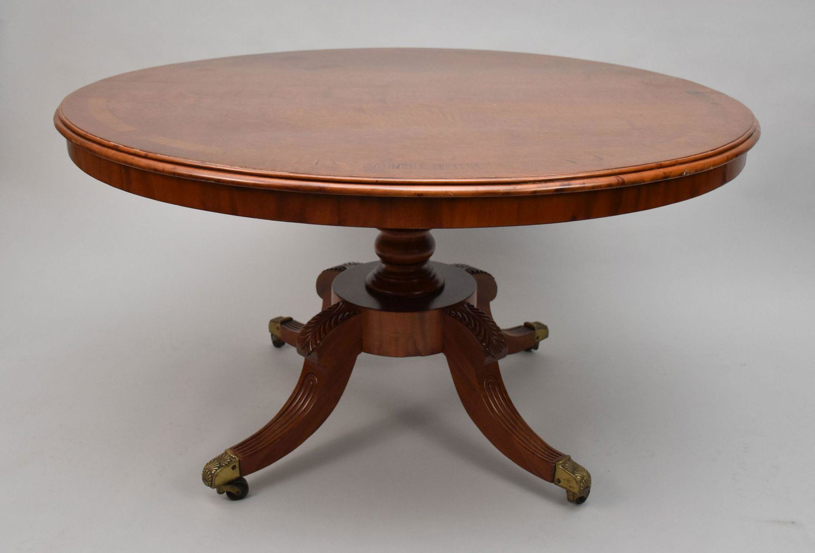 Burled Wood Round Coffee Table with Center Pedestal Leading To 4 Downswept Legs Ending with Brass (1 of 8)