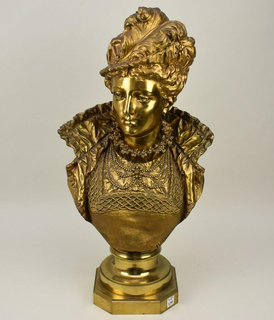 Ernest Rancoulet (French, 1870-1915) Bronze Bust of 16th Century Noblewoman - A gilt bronze bust of (1 of 12)