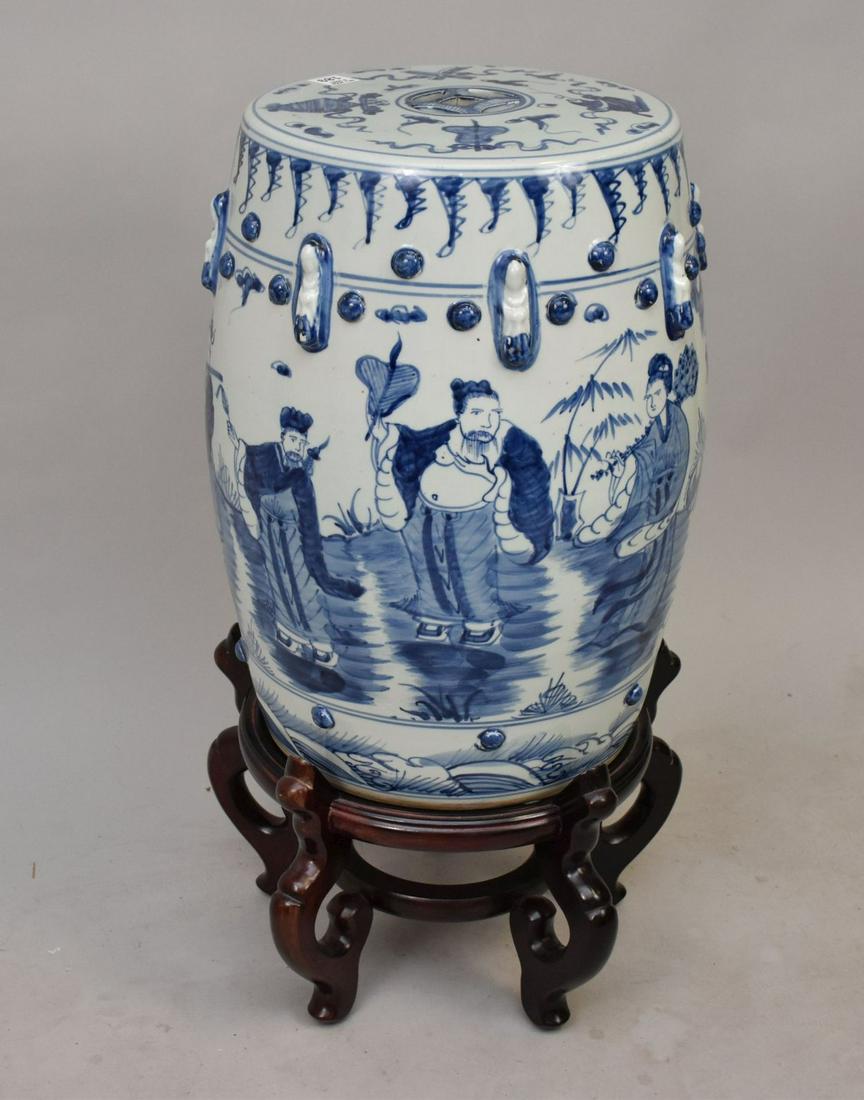 Chinese Garden Seat, Blue & White with Figures (18 1/2"h) On Stand: Chinese Garden Seat, Blue & White with Figures (18 1/2"h) On Stand