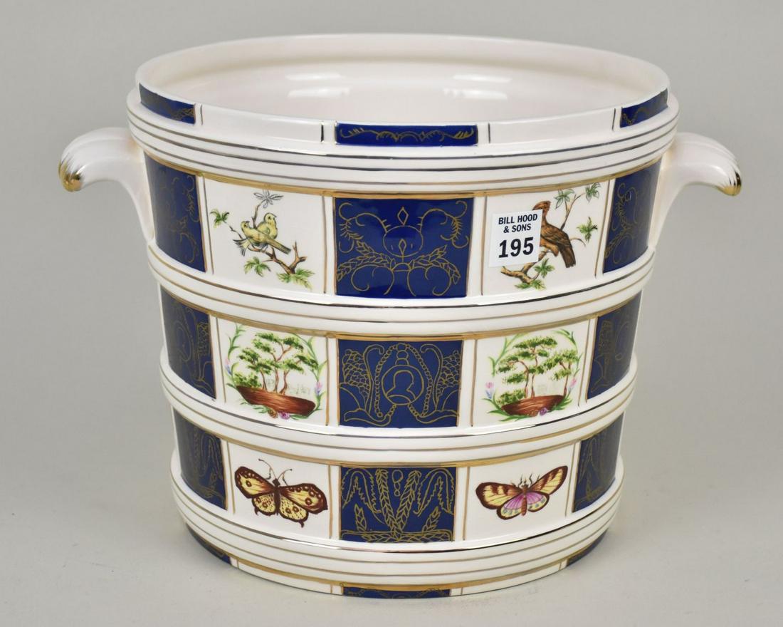 Pottery Jardiniere, Blue & White with Gold Accents, Birds, Butterflies & Landscape Scenes Surround,: Pottery Jardiniere, Blue & White with Gold Accents, Birds, Butterflies & Landscape Scenes Surround, 9 1/4"h x 10 1/2"dia
