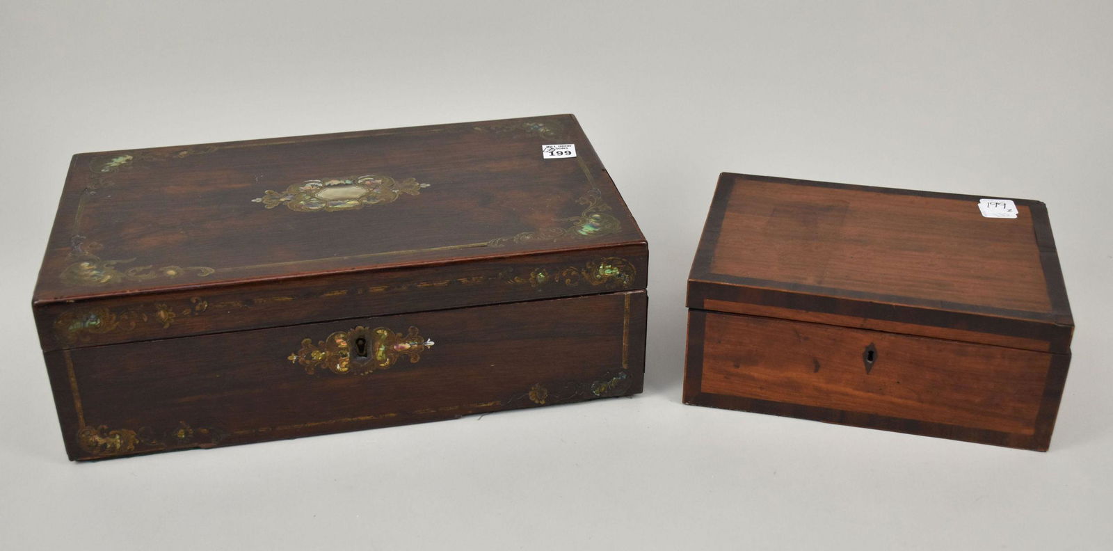 Traveling 19th c. Writing Box with Mother of Pearl Inlay on Hinged Top (5"h x 16"w x 9 1/2"d) And (1 of 12)