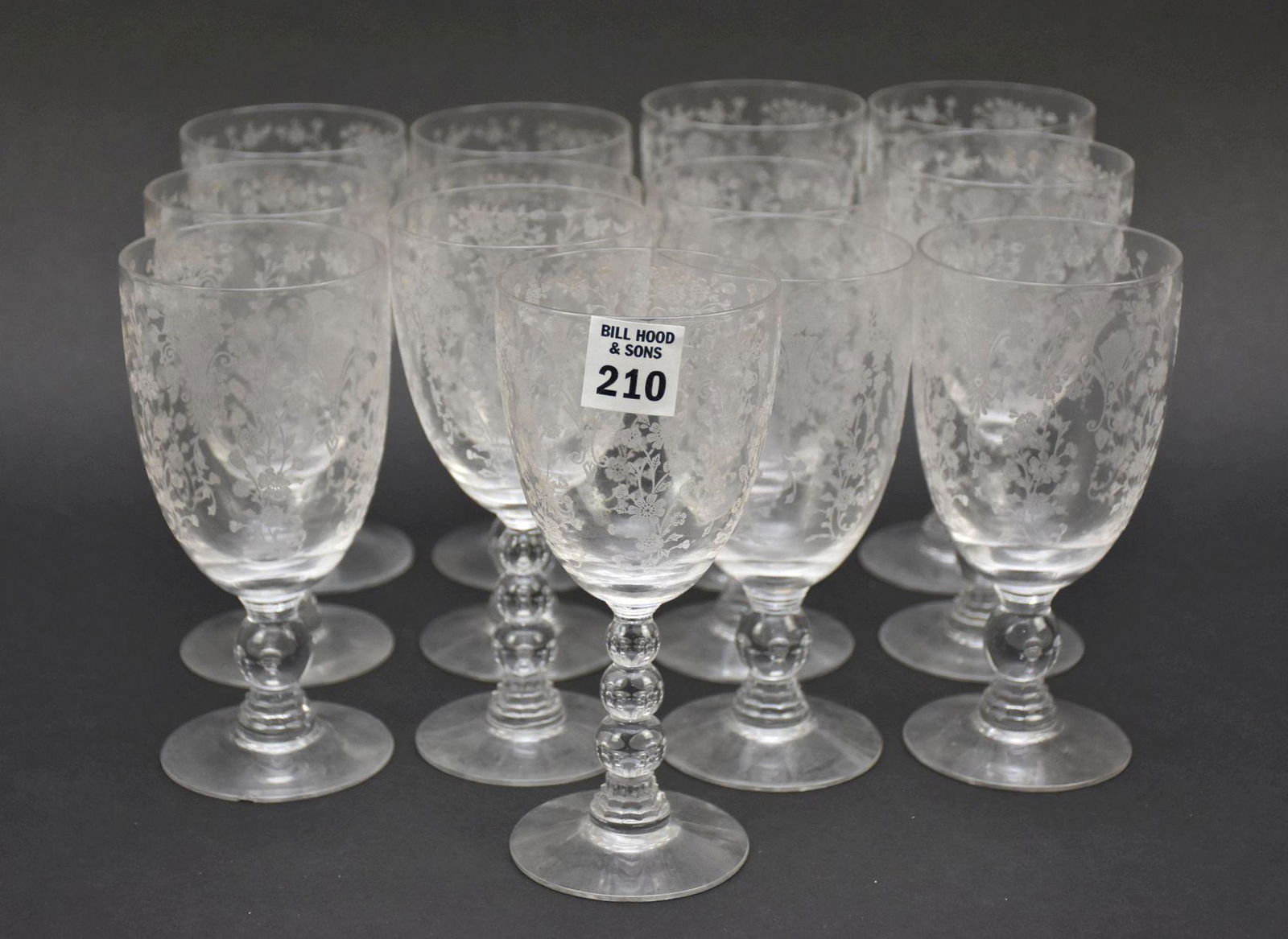 13 Vintage Etched Glass Stemmed Water Goblets, 7"h (fleabites) (0210