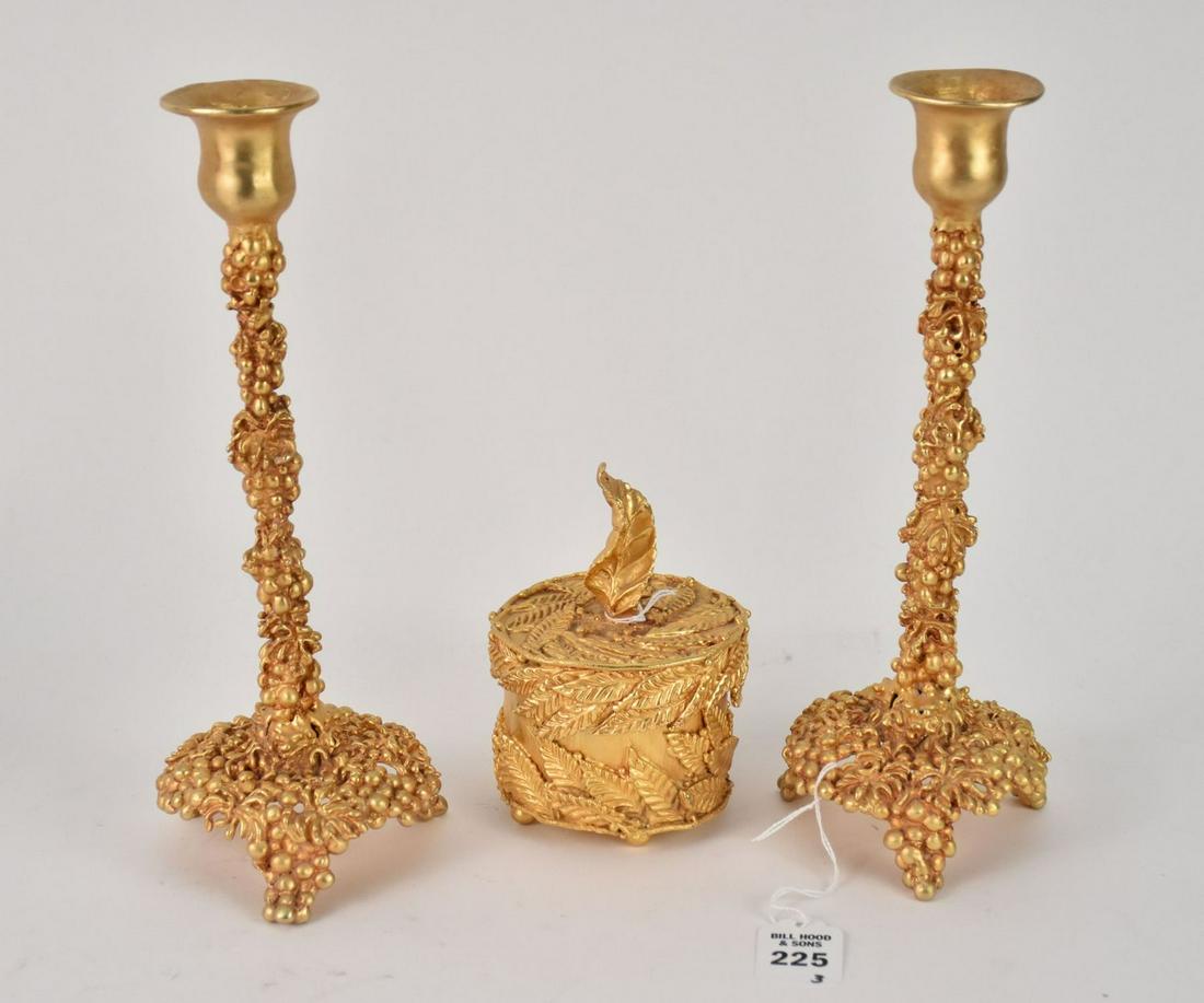 Pair Lazaro Diaz Gilt Candlesticks & Trinket Box - NYC. A pair of grape motif gilt metal (1 of 5)