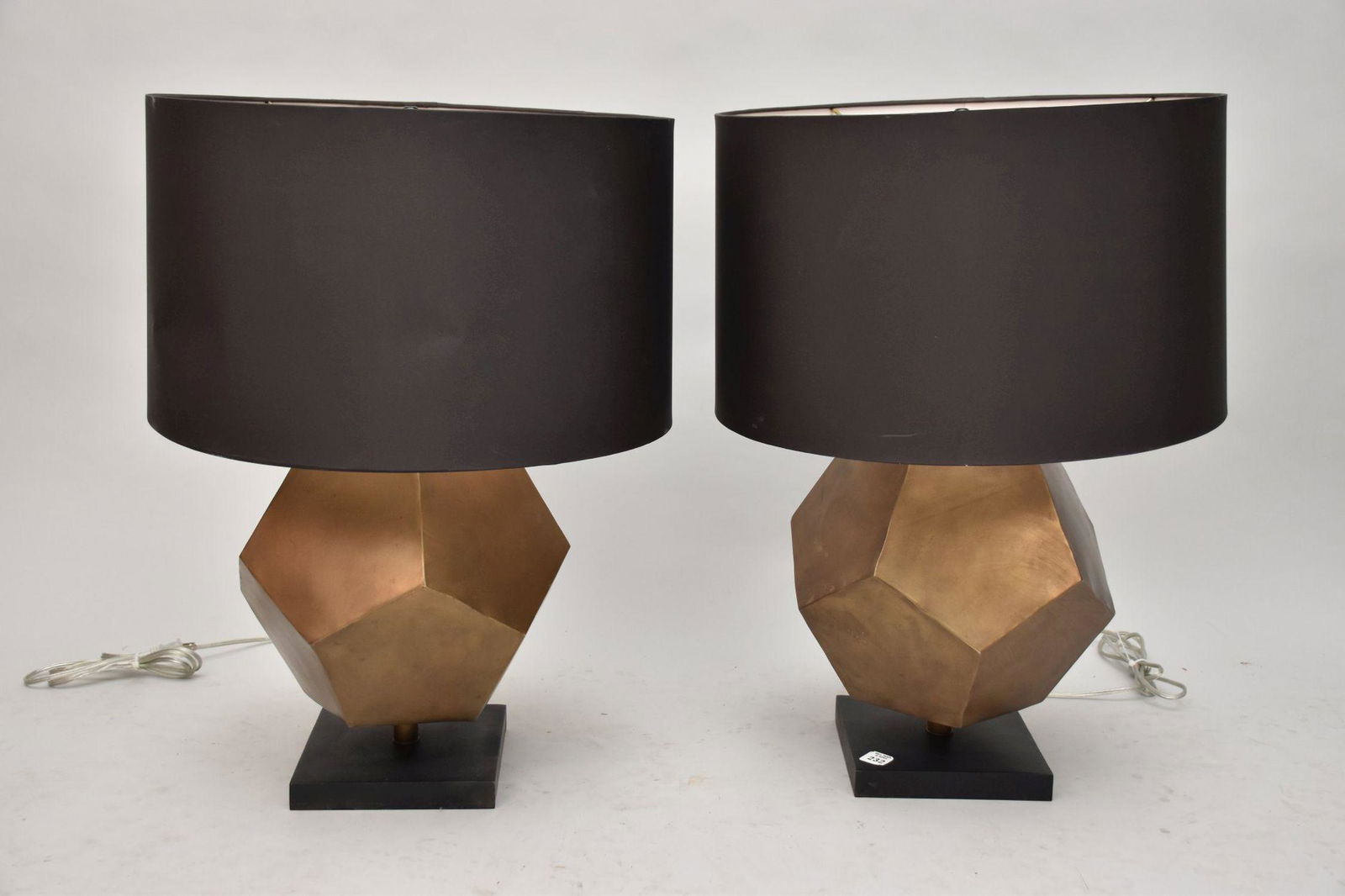 Pair Brass Colored Lamps, Modern Metal Cubist Shape on Black Metal Bases, Arteriors, Black Shades (1 of 5)