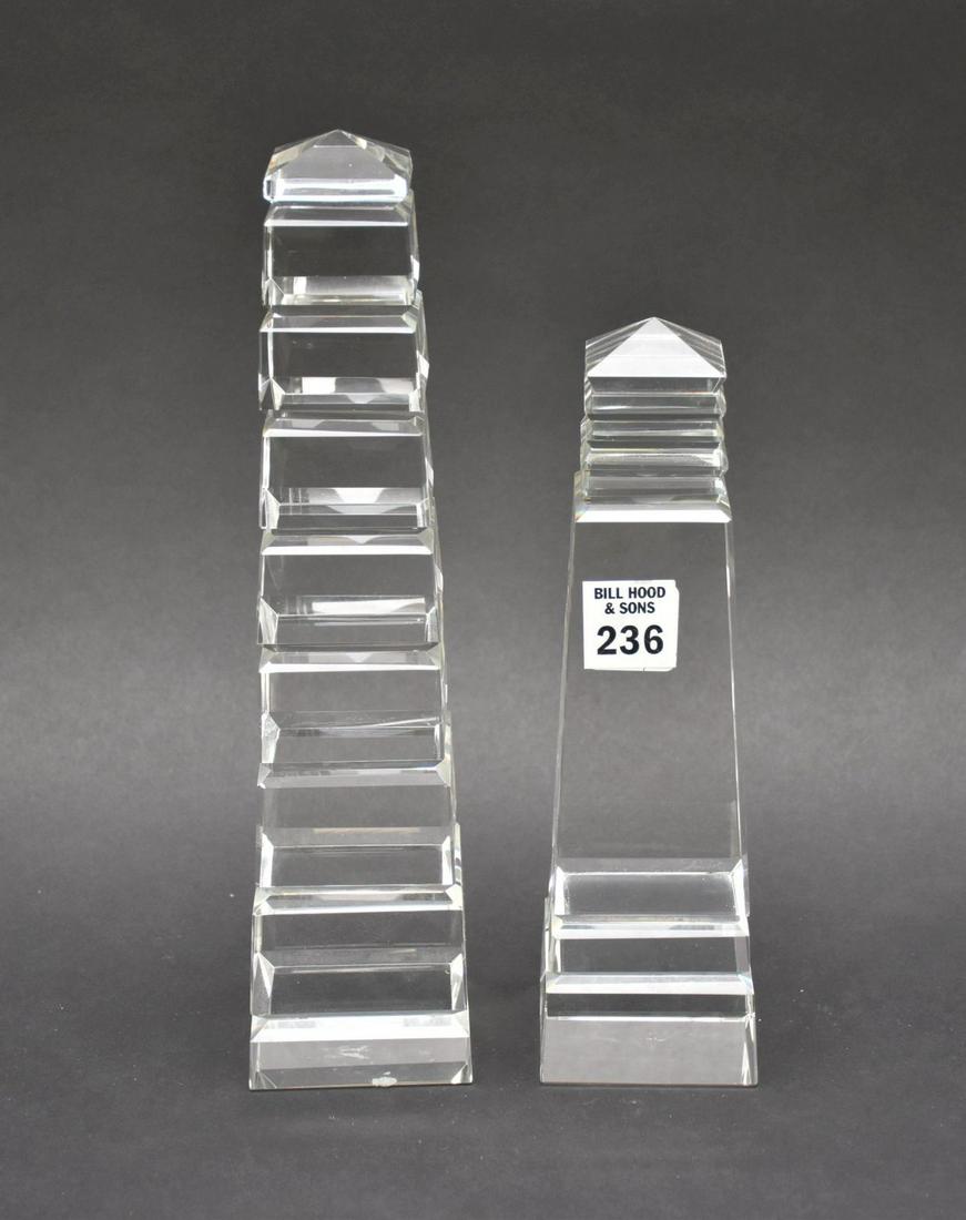 2 Clear Glass Obelisks, 8 1/2"h & 10 1/2"h: 2 Clear Glass Obelisks, 8 1/2"h & 10 1/2"h