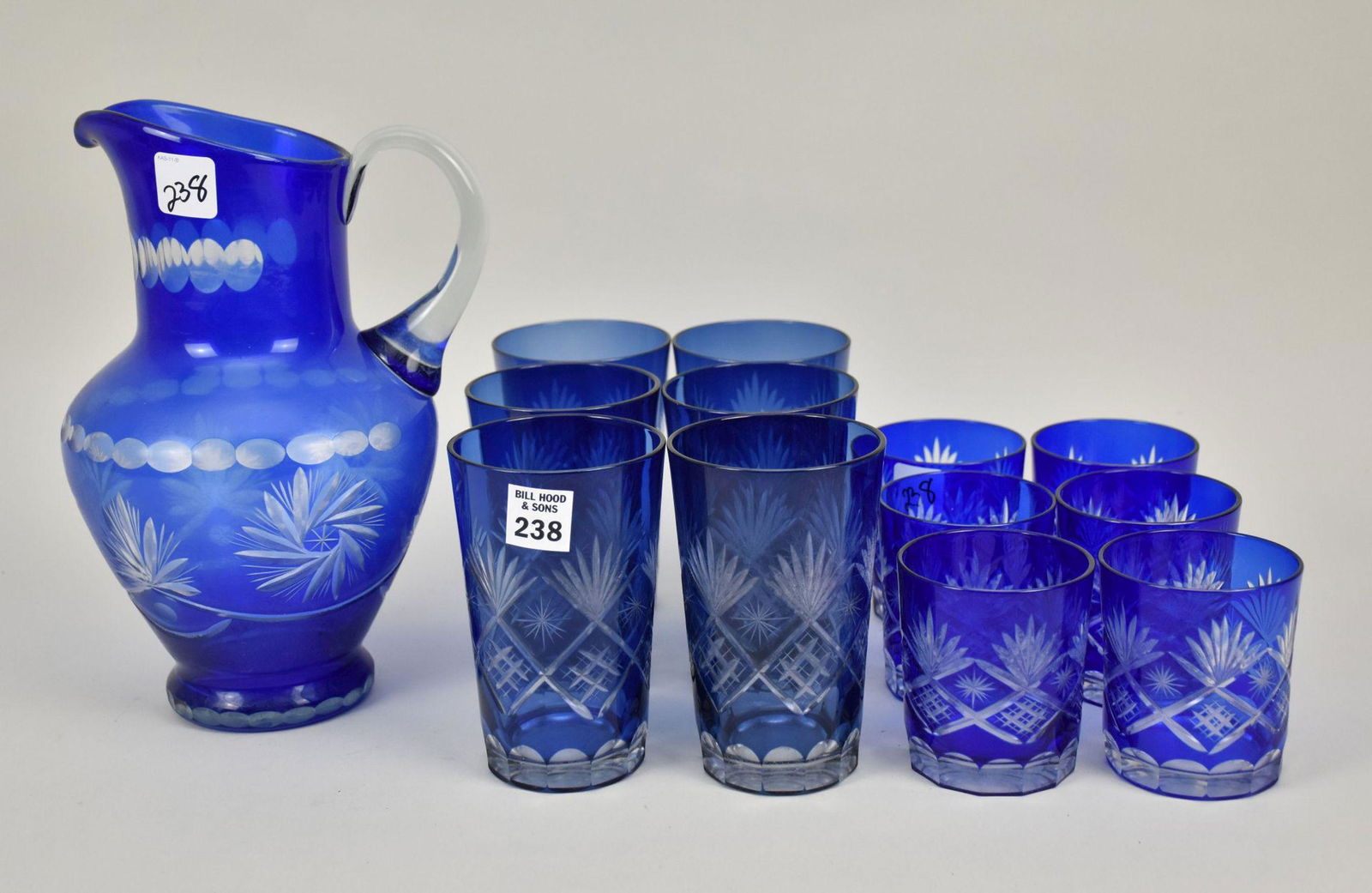 12 Cobalt Cut to Clear Glasses, 6 Tumblers (5 1/2"h), 6 Juice Glasses (3 1/2"h) AND Cobalt Blue Cut (1 of 3)