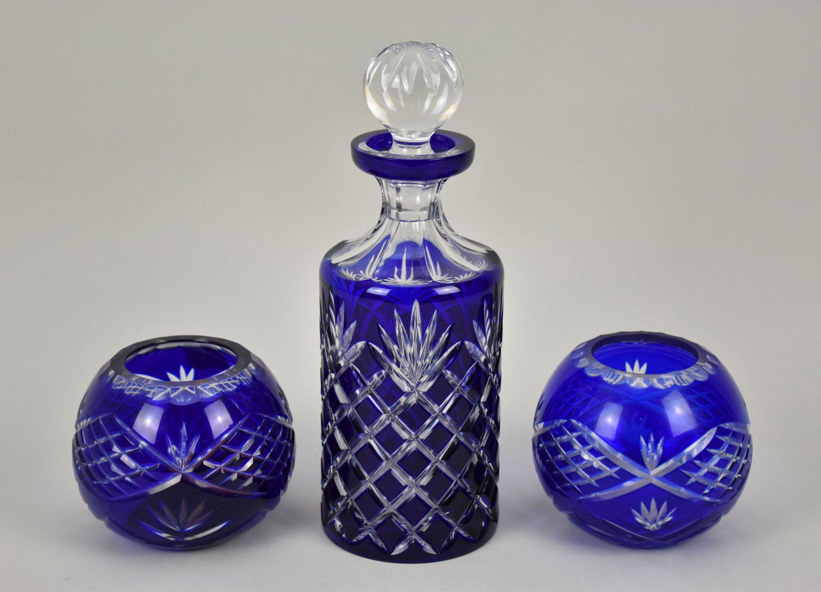 Cobalt Blue Cut To Clear Crystal Decanter (10 1/2"h) AND Pair of Candleholders (3 3/4"h) (1 of 4)