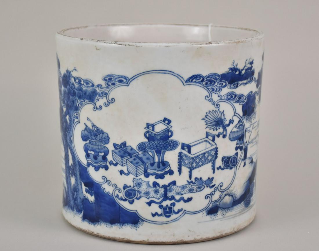 Chinese Blue & White Porcelain Brush Pot - Featuring figural landscapes and sacred Scholar's (1 of 8)