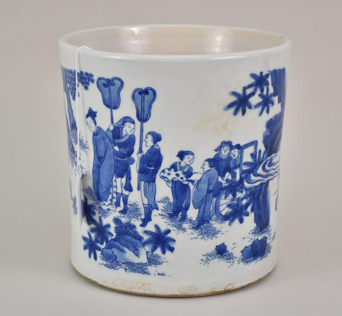 Chinese Blue & White Porcelain Figural Brush Pot - A porcelain brush pot featuring a figural (1 of 7)